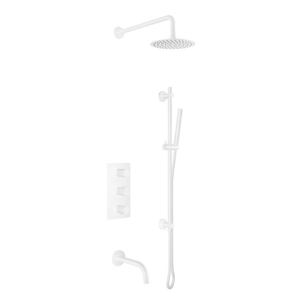 Ensemble de douche/baignoire thermostatique: pomme de douche, douchette sur rail, valve et bec fini blanc mat