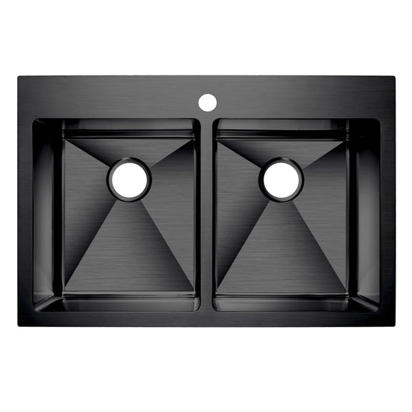 Évier de cuisine stainless noir double montage, 2 cuves, 33''X22''