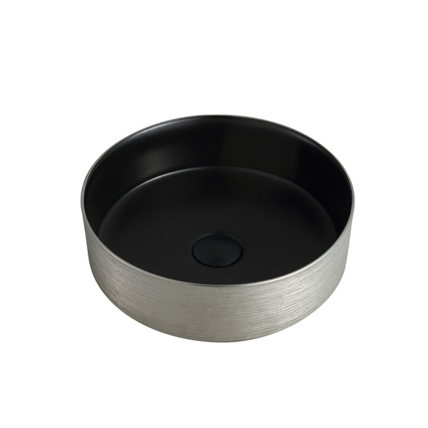 14’’X14’’ round silver and black porcelain vessel sink