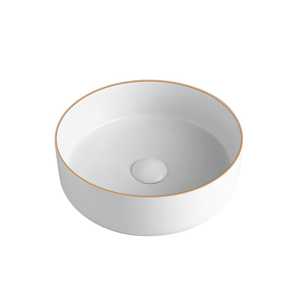 Vasque ronde 14''X14'' en porcelaine blanc mat et laiton brossé (or)