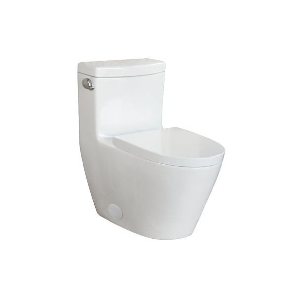 One-piece, elongated, single-flush toilet