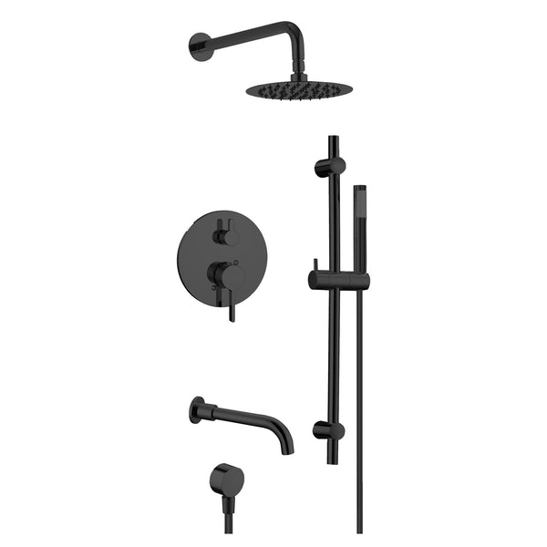 Matte black round shower kit: Rain shower, hand shower and bath spout