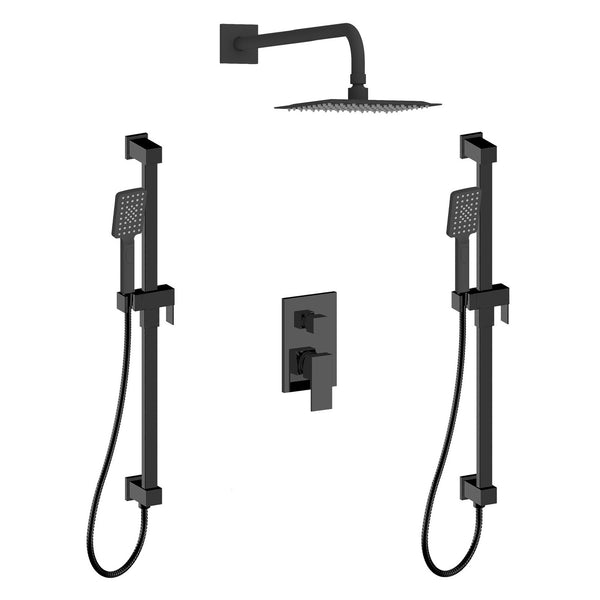 Valentin-bk Shower set with two hand showers on rail, an integrated connector elbow, and a rain shower head