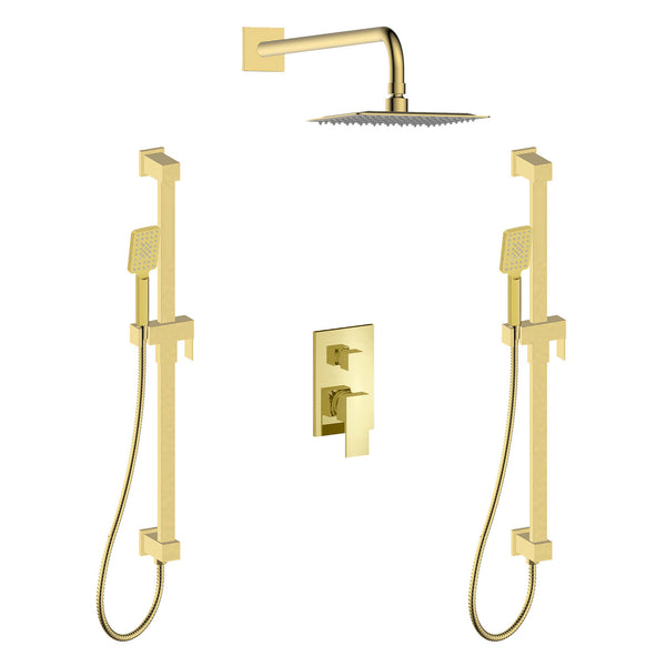 Valentin-gd Shower set with two hand showers on rail, an integrated connector elbow, and a rain shower head