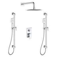 Valentin Shower set with two hand showers on rail, an integrated connector elbow, and a rain shower head