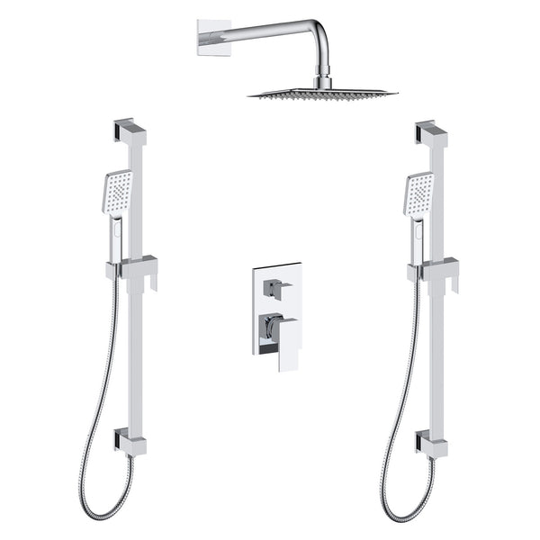 Valentin Shower set with two hand showers on rail, an integrated connector elbow, and a rain shower head
