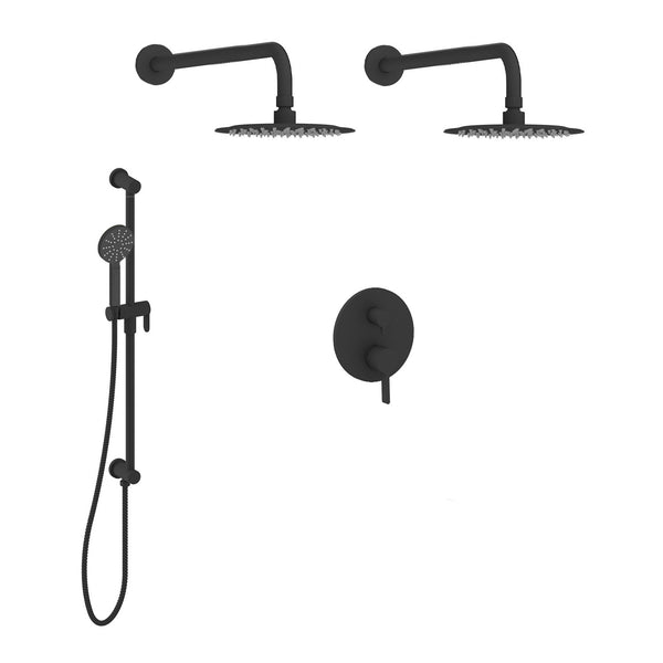 Valeska-bk Shower set with two rain shower heads and a hand shower on rail, with integrated connector elbow
