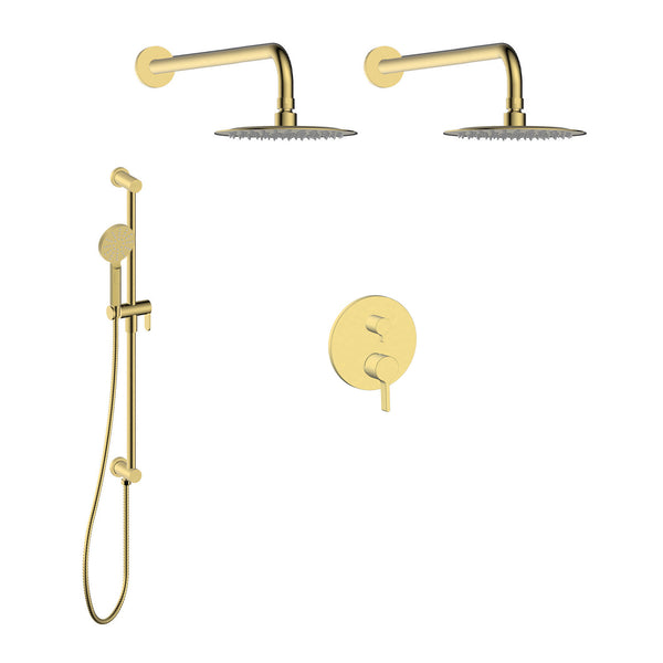 Valeska-gd Shower set with two rain shower heads and a hand shower on rail, with integrated connector elbow