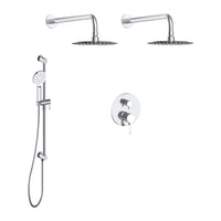 Valeska Shower set with two rain shower heads and a hand shower on rail, with integrated connector elbow