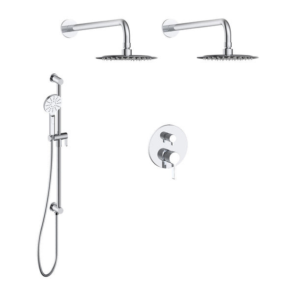 Valeska Shower set with two rain shower heads and a hand shower on rail, with integrated connector elbow