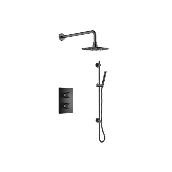 Ensemble de douche thermostatique: pomme de douche, douchette sur rail et valve avec fini noir mat