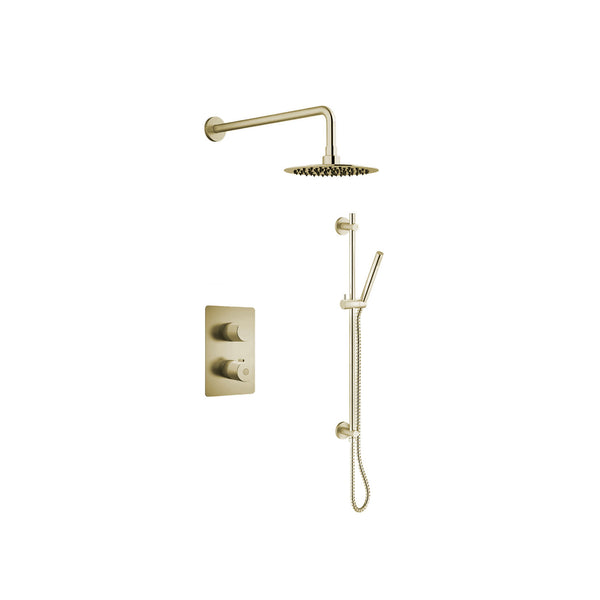 Ensemble de douche thermostatique: pomme de douche, douchette sur rail et valve avec fini or brossé