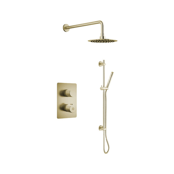Ensemble de douche thermostatique: pomme de douche, douchette sur rail et valve avec fini or brossé