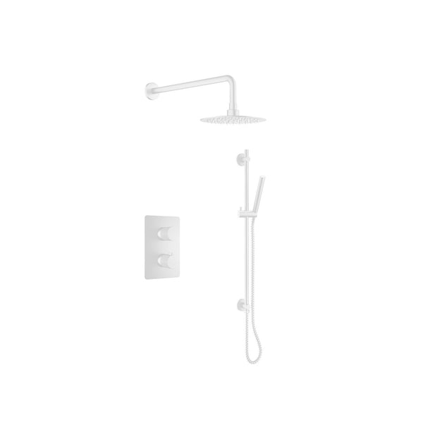 Ensemble de douche thermostatique: pomme de douche, douchette sur rail et valve avec fini blanc mat