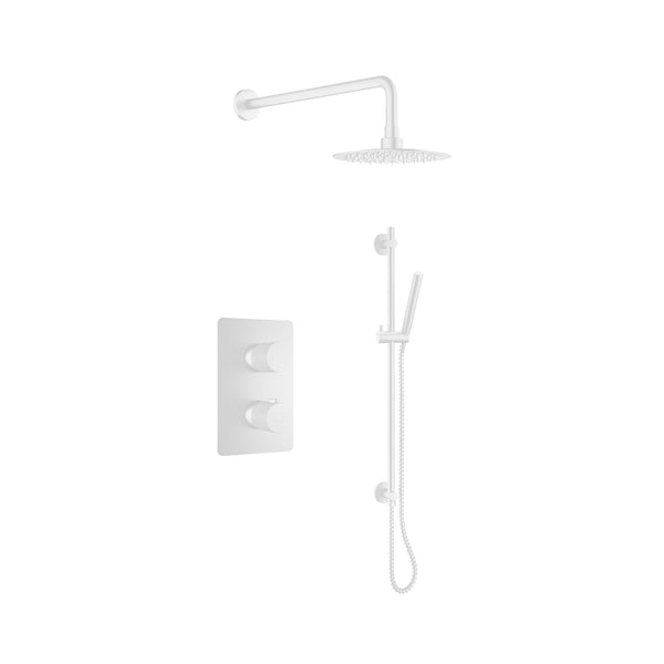 Thermostatic Shower Set Including Shower Head, Handshower On Rail And Valve In Matte White