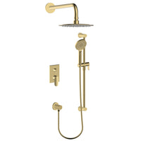 Shower Set With Rain Head, Hand Shower on Rail, and Separate Connector Elbow in Brushed Brass (Gold) Finish