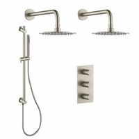 Brushed nickel shower kit with 2 rain showerheads and 1 hand shower on a rail