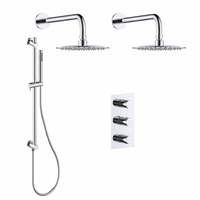 Chrome shower kit with 2 rain showerheads and 1 hand shower on a rail