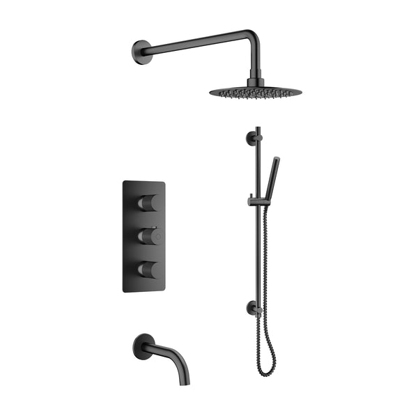 Matte Black Thermostatic Shower / Tub Set Including Shower Head, Handshower On Rail, Valve And Spout