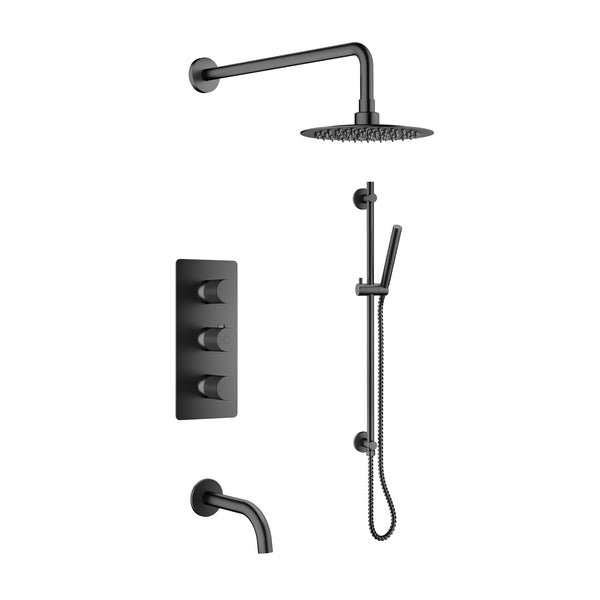 Ensemble de douche/baignoire thermostatique: pomme de douche, douchette sur rail, valve et bec fini noir mat