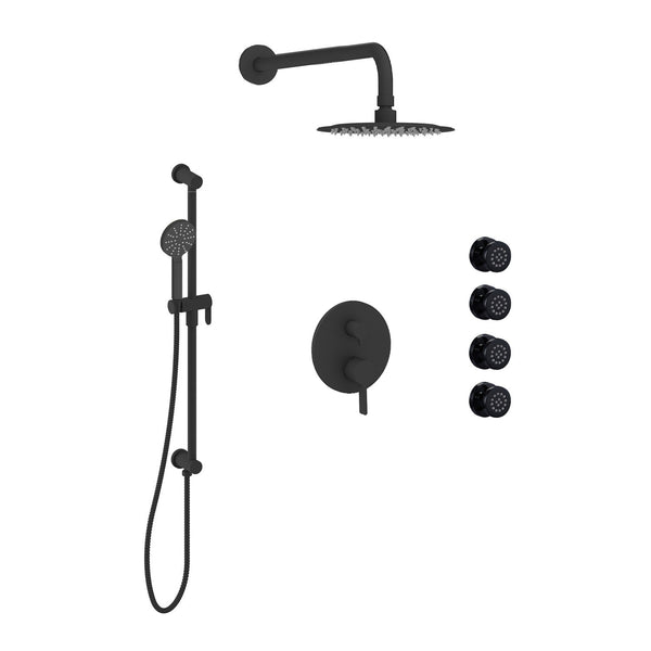 Velmara-bk Shower set with a hand shower on rail with integrated connector elbow, a rain shower head, and 4 body jets
