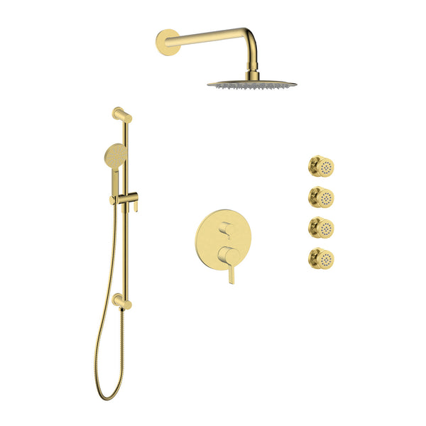 Velmara-gd Shower set with a hand shower on rail with integrated connector elbow, a rain shower head, and 4 body jets