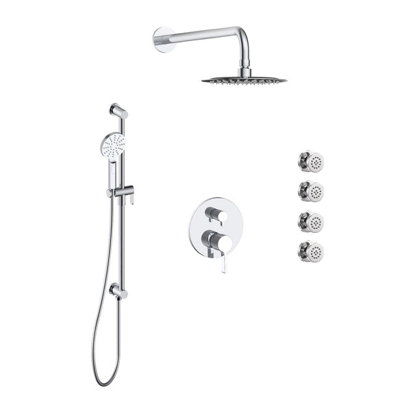 Velmara Shower set with a hand shower on rail with integrated connector elbow, a rain shower head, and 4 body jets