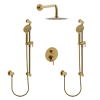 Round Shower Faucet Kit With Two Hand Showers on Rail and Two Elbows in Brushed Brass finish