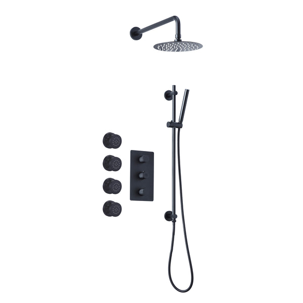 Thermostatic Shower Set Including Shower Head, Handshower On Rail And Valve In Matte Black