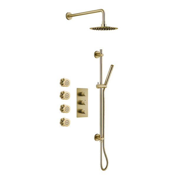 Thermostatic Shower Set Including Shower Head, Handshower On Rail And Valve In Brushed brass (gold)