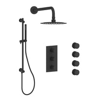 Shower Set With Hand Shower on a Rail With Integrated Elbow, Rain Showerhead, and Four Body Jets Matte Black