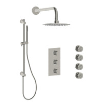 Shower Kit With Hand Shower on a Rail With Integrated Elbow, Rain Showerhead, and Four Body Jets in Brushed Nickel Finish