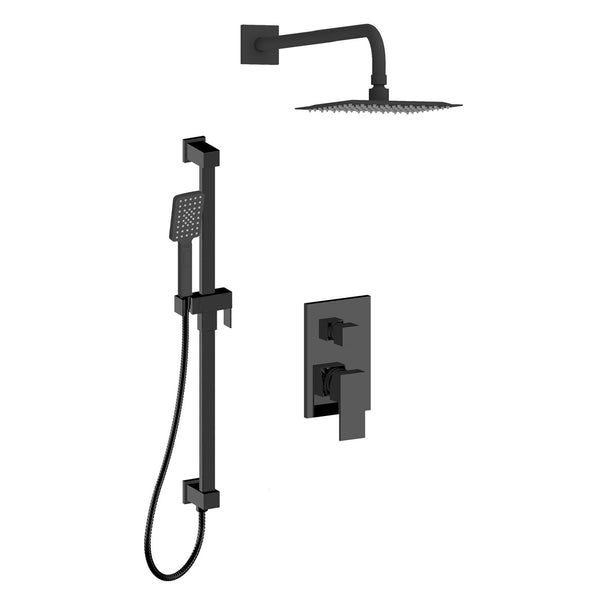 Vinicius-bk Shower faucet set with rain shower head and hand shower on sliding rail, featuring an integrated elbow