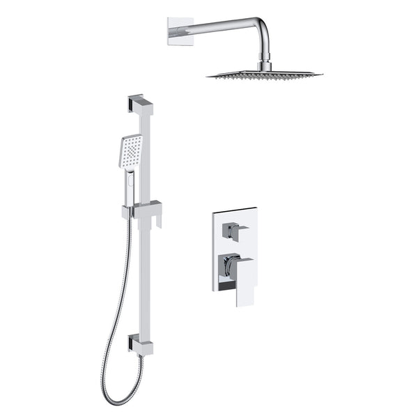 Vinicius Shower faucet set with rain shower head and hand shower on sliding rail, featuring an integrated elbow