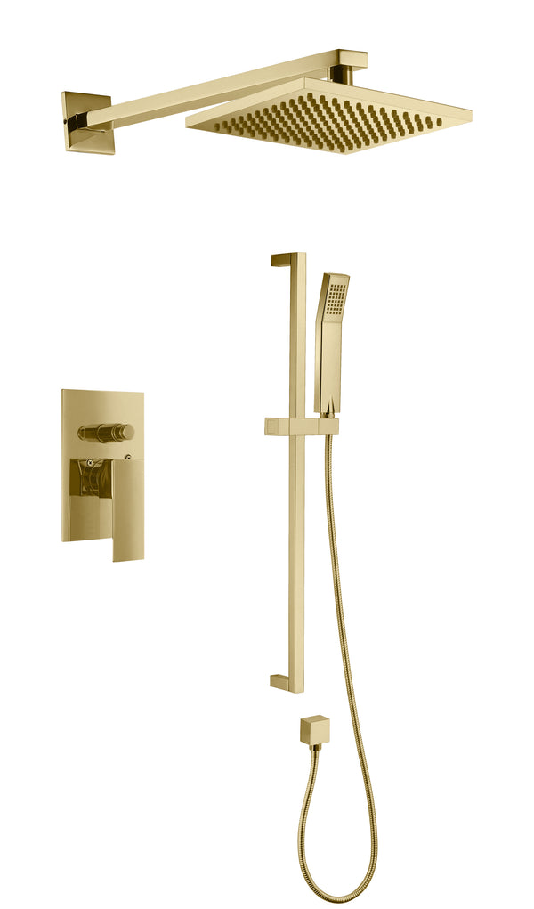 Square shower kit: Rain shower and hand shower in brushed brass (gold)