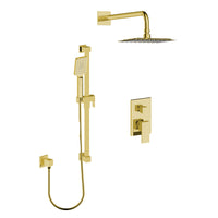 Shower set with rain head, hand shower on rail, and separate connector elbow