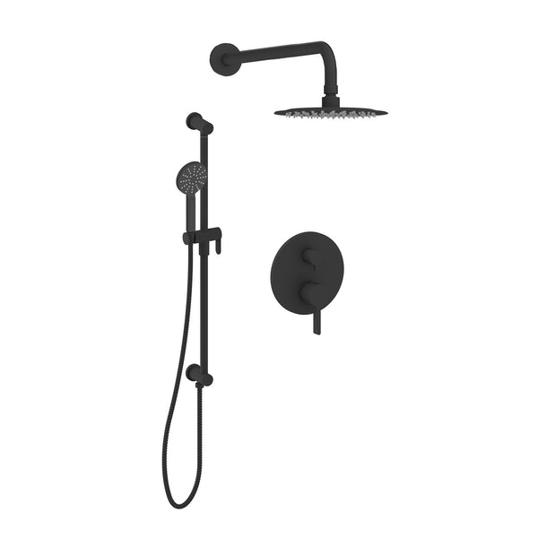 Vivetta-bk Shower faucet set with rain shower head and hand shower on sliding rail, featuring an integrated elbow
