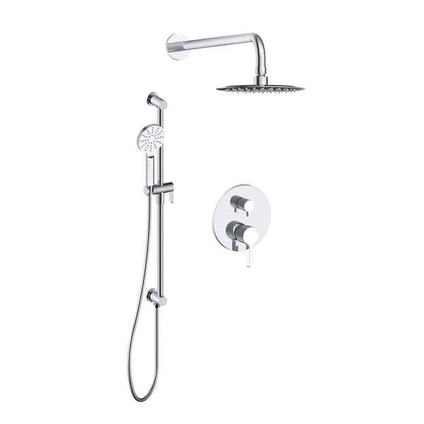 Vivetta Shower faucet set with rain shower head and hand shower on sliding rail, featuring an integrated elbow
