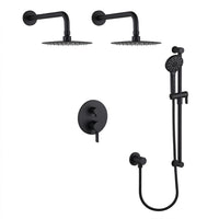 Shower Set With Two Rain Shower Heads and a Hand Shower on a Rail, With a Separate Elbow in Matte Black Finish