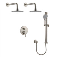 Shower Set With Two Rain Shower Heads and a Hand Shower on a Rail, With a Separate Elbow in Brushed Nickel Finish