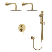 Shower Set With Two Rain Shower Heads and a Hand Shower on a Rail, With a Separate Elbow in Brushed Brass (Gold) Finish