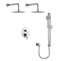 Shower Set With Two Rain Shower Heads and a Hand Shower on a Rail, With a Separate Elbow in Chrome FInish