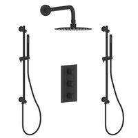 Shower Kit with Two Hand Showers on a Rail and a Rain Showerhead in Matte Black Finish