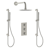 Shower Kit with Two Hand Showers on a Rail and a Rain Showerhead in Brushed Nickel Finish