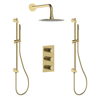 Shower Kit with Two Hand Showers on a Rail and a Rain Showerhead in Brushed Brass (Gold) Finish