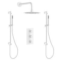Shower Kit with Two Hand Showers on a Rail and a Rain Showerhead in Matte White Finish