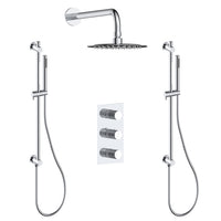 Shower Kit with Two Hand Showers on a Rail and a Rain Showerhead in Chrome Finish