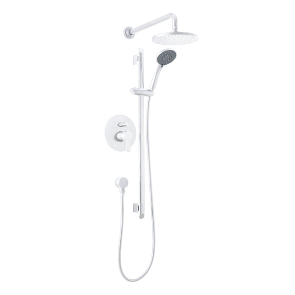 Kit de douche rond blanc mat : Douche pluie et robinet de douche à main
